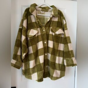Terra & Sky Olive and Cream Plaid Fleece Shacket